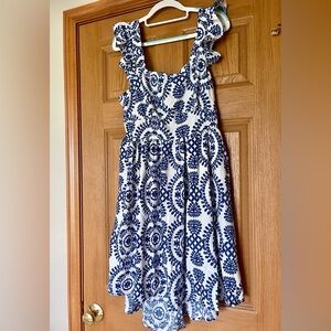 New, never worn! Royal blue & white print dress w/open tie back. Size XL (12/14)